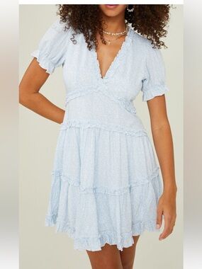 Light Blue Ruffle Tiered V-Neck Dress